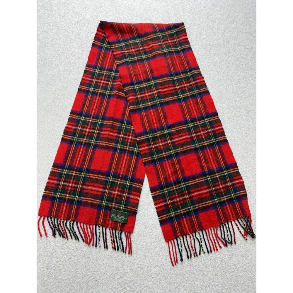 The Scotch House Johnstons Lambswool Tartan Scarf Red Plaid Made Scotland Fringe